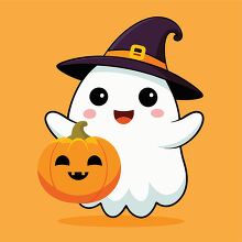 Halloween ghost holding a carved pumpkin and smiling