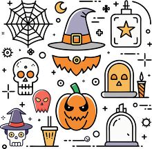 Halloween icons including a haunted castle bats pumpkins