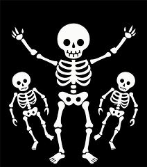 Halloween illustration of three skeletons waving and dancing