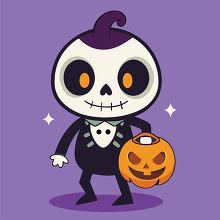 halloween keleton character with a trick or treat bag