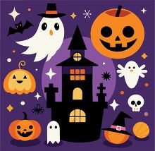 Halloween themed illustration with a ghost bat and pumpkins