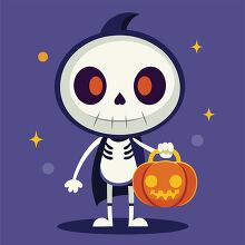 halloween white skeleton holds a candy filled pumpkin