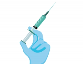 hand covered with blue glove holds syringe animated clipart