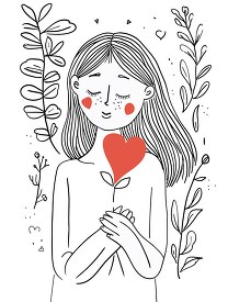Hand drawn line illustration of a girl holding a love hear