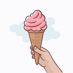 hand holding a waffle cone filled with pink ice cream