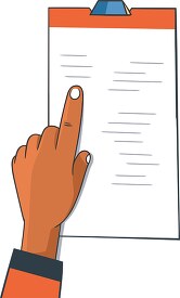 hand with finger pointing to document on a clip board