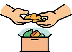 Hands sharing food over a donation box