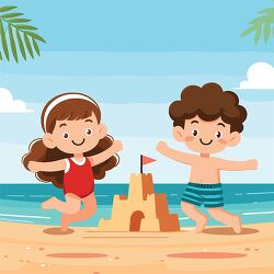 happy boy and girl jump after creating their sandcastle clipart