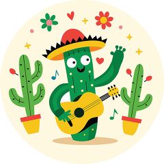 Happy cactus character playing a guitar