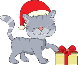 happy cat wearing christmas hat taking gift clipart
