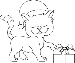 happy cat wearing xmas hat taking gift black outline