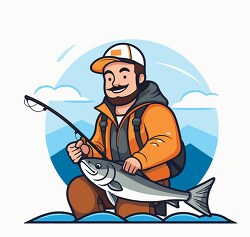 happy fisherman in an orange jacket holding a large fish
