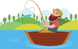 happy fisherman on boat fishing in lake clipart