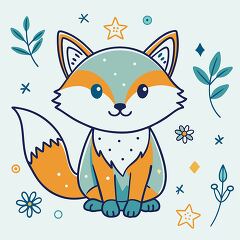 happy fox with teal and orange fur is sitting among floral and l