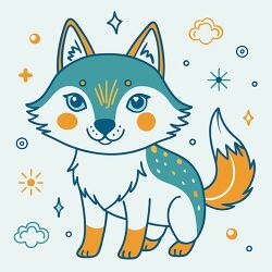 happy fox with teal and orange fur stands among fun shapes