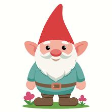 happy garden gnome standing near flowers