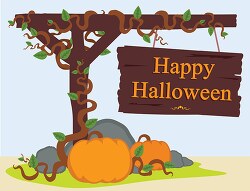 happy halloween greeting on old wooden sign with pumpkins clipar