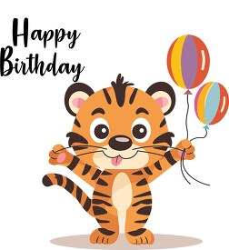 happy playful cartoon tiger holds a colorful birthday balloon