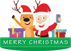 happy santa taking selfie with reindeer christmas clipart