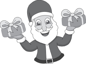 happy santa with gifts in both hands gray color clipart