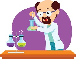 happy scientist performing experiment holding beaker and dropper