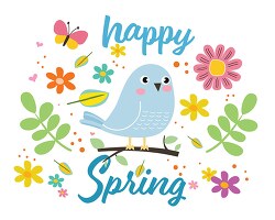 happy spring text with flowers and cute bird