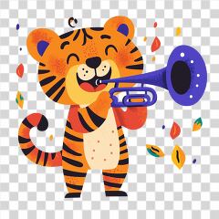 Happy Tiger Playing a Trumpet in a Colorful Setting