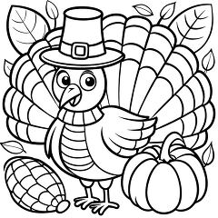 happy turkey surrounded by pumpkins and autumn leaves