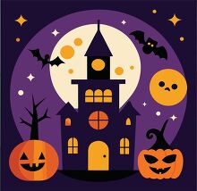 haunted castle with a spooky bat and pumpkin under a glowing moon