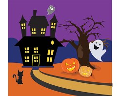 haunted house purple sky with ghosts and pumpkins