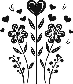 hearts and flowers on stems with decorative leaves black silhoue