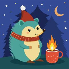 hedgehog in a red scarf and Santa hat holds a cup of cocoa near 