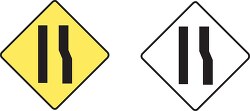 highway sign shows road narrowing