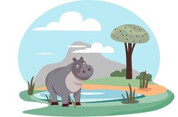 hippo in the grassland with trees and water