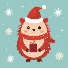 holiday hedgehog in a Santa hat and scarf with a cup of hot choc