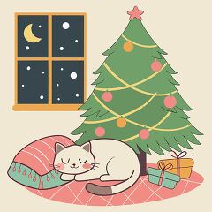 holiday scene featuring a cat sleeping under the Christmas tree