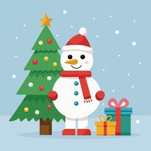 holiday snowman stands next to a Christmas tree and gifts