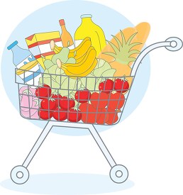 hopping cart filled with a variety of food blue background clip 