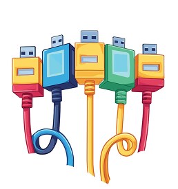 illustrated assortment of tangled USB cords in bright colors