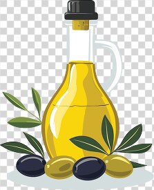 illustrated olive oil container surrounded by ripe olives and le