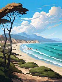 Illustration of a sunny beach with distant mountains