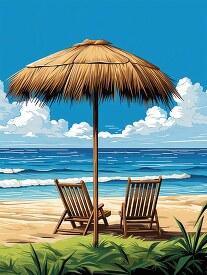 Illustration of a tropical beach with a straw umbrella and woode