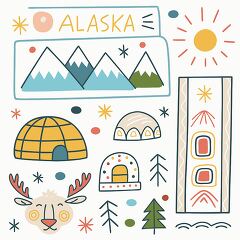 Hand-drawn clipart of Alaska featuring snowy mountains, igloos, evergreen trees, and a moose head, highlighting the state's iconic elements