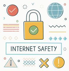 A colorful illustration featuring a padlock symbolizing internet safety, surrounded by various geometric shapes, checkmarks, and warning signs. The central text reads INTERNET SAFETY.