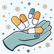 illustration of medicine capsules in a hand surrounded by elemen