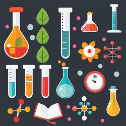 illustration of various science related icons including flasks