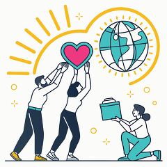 Illustration symbolizing teamwork and global unity with a heart