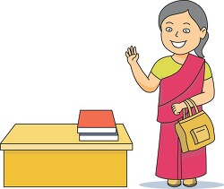 indian female student wearing stands near desk clip art