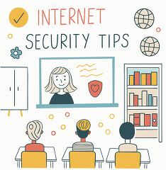 A colorful illustration depicting a classroom setting with three students facing a screen displaying internet security tips. The screen features a smiling character, a shield icon, and decorative elements like flowers and globes. The overall theme emphasizes online safety education.