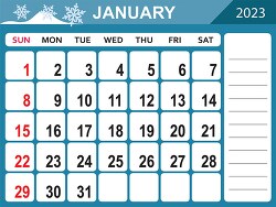 january 2023 calendar with days of the week printable clipart